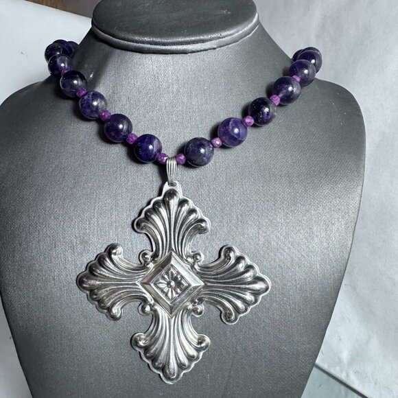 Maltese Cross Sterling Silver Genuine Ruby Amethyst Necklace 925 Choker Gift - Picture 7 of 8